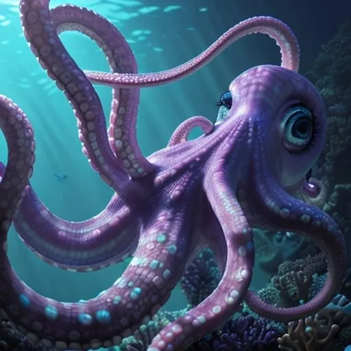 Prompt: Realistic underwater scene of an octopus with detailed, iridescent tentacles, shades of blue and purple, high quality, soft lighting, oceanic setting, detailed underwater environment, cool tones, detailed eyes, professional, atmospheric lighting