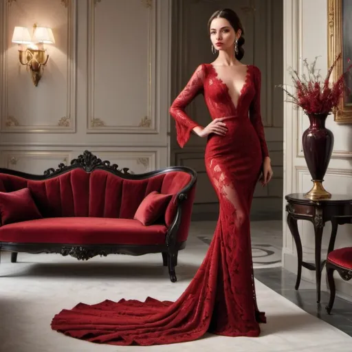 Prompt: In a lavish, opulent setting, a striking woman embodies elegance and allure, adorned in a stunning, form-fitting red gown that cascades dramatically to the floor, featuring intricate lace detailing and a plunging neckline. The gown's bold color contrasts beautifully with the rich, crimson drapes framing the scene and complements the luxurious red and black armchairs positioned nearby. Her long, dark hair falls in glamorous waves around her shoulders, and she sports bold makeup, accentuating her captivating features and regal presence. The room, adorned with golden accents and a large mirror reflecting the opulence, is bathed in soft, warm light, creating an atmosphere of sophistication and drama, as the overall composition invites admiration and intrigue. The mood suggests a blend of high fashion and theatrical elegance, encapsulating a narrative of timeless beauty and confidence.