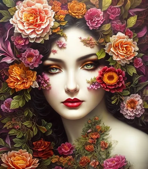 Prompt: Beautiful  hybrid woman with flowers sprouting from her, oil painting, detailed fiery eyes, ethereal glow, dark and mysterious, high quality, vibrant colors, surreal, haunting, intricate floral details, intense gaze, mystical atmosphere, oil painting, demon, hybrid, fiery eyes, ethereal, vibrant colors, surreal, haunting, floral details, intense gaze, mystical atmosphere