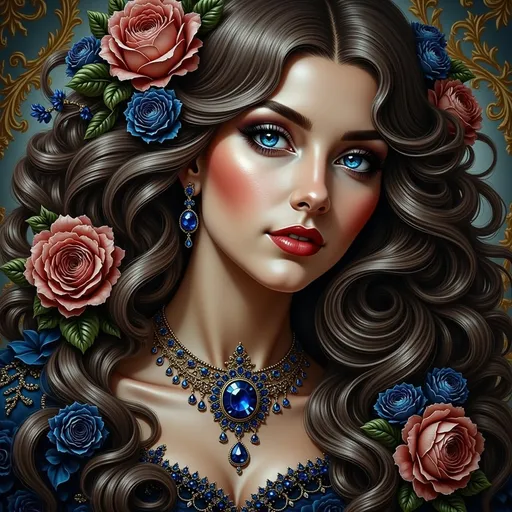 Prompt: a woman with flowers in her hair and wearing a sapphire necklace , with a blue eye, Anna Dittmann, gothic art, highly detailed digital painting, a detailed painting
