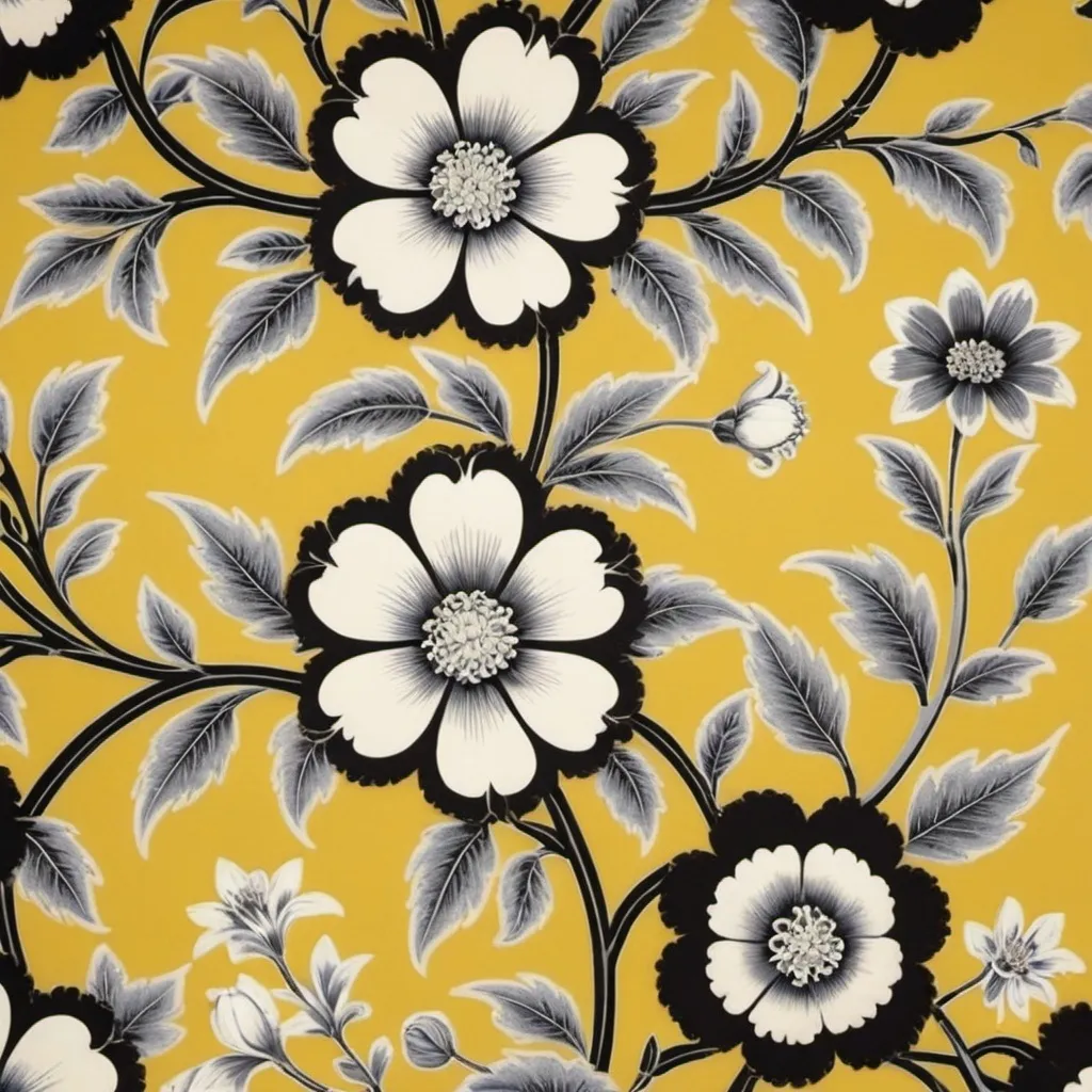 Prompt: a yellow and black floral wallpaper with white flowers on it's sides and black leaves on the sides, Annabel Kidston, arts and crafts movement, fine foliage lace, a flemish Baroque