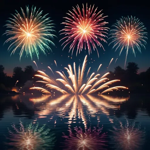 Prompt: fireworks reflection on water, (vibrant colors), (cinematic atmosphere), (dynamic display), night sky background, sparkling lights illuminating surface, shimmering waves, high detail, fluid motion, subtle ripples creating mesmerizing patterns, tranquil ambiance, high-quality, ultra-detailed, perfect for a visually stunning scene.