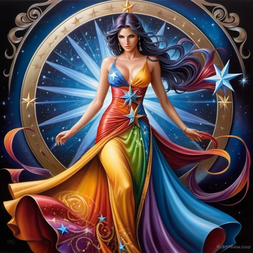 Prompt: a woman in a long dress with a star in her hand and a colorful dress on her body, with a swirling background, Anne Stokes, fantasy art, fantasy artwork, an airbrush painting