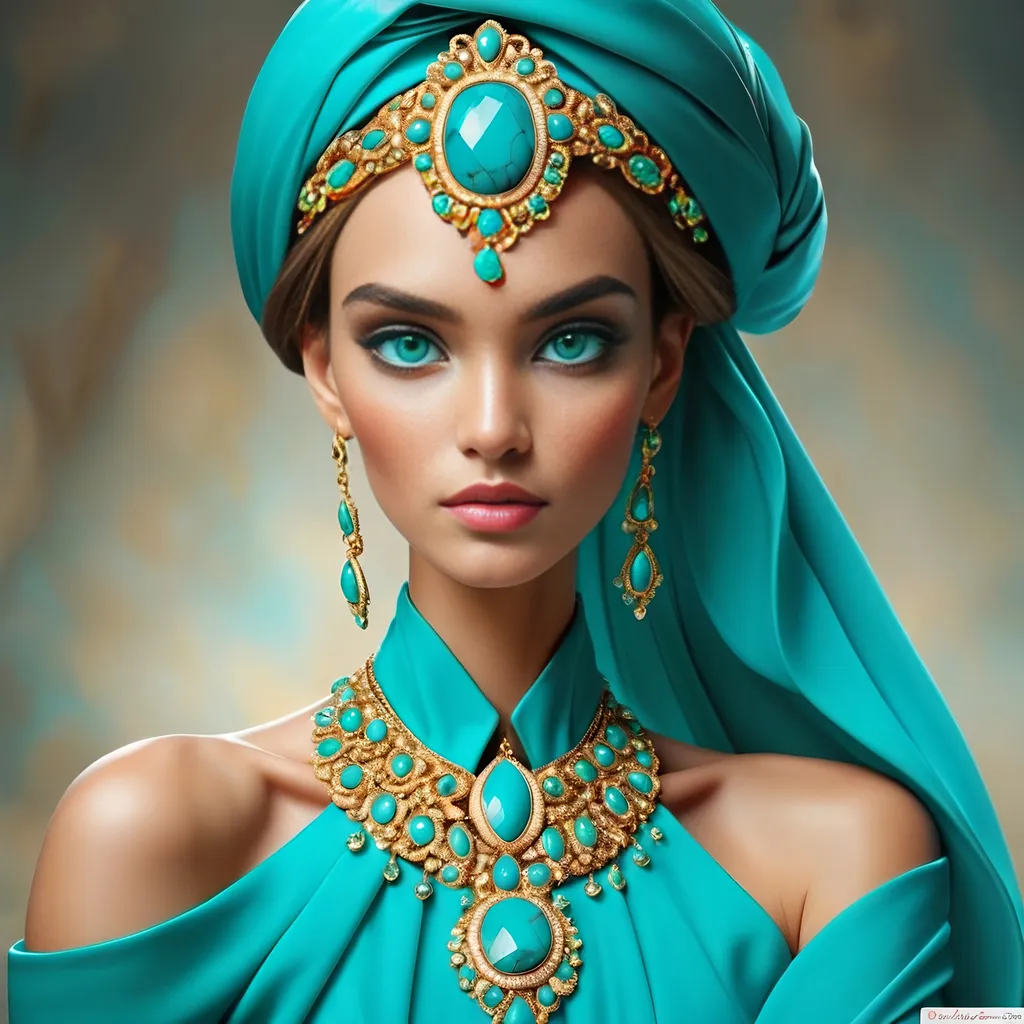 Prompt: <mymodel>An extremely gorgeous woman,  with turquoise jewels, in color scheme of turquoise and gold