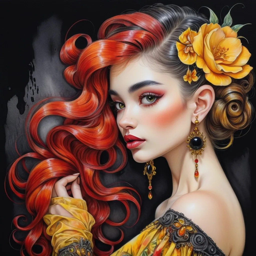 Prompt: <mymodel> beautiful woman, hair pinned up, yellow red black dress, earrings, Watercolor, trending on artstation, sharp focus, studio photo, intricate details, highly detailed, by  Josephine Wall and Jasmine Becket-Griffith