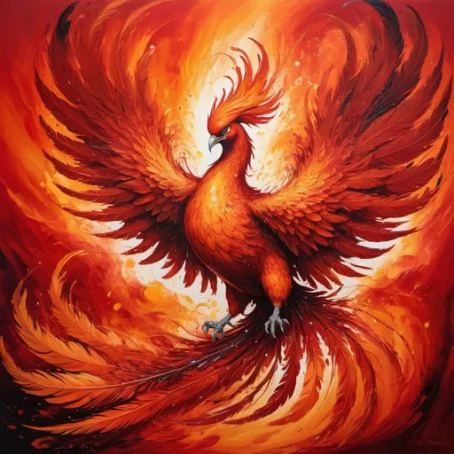 Prompt: Vibrant, high-contrast painting of a fiery phoenix, bold red and orange hues, dynamic and fierce energy, swirling flames and feathers, 4k, ultra-detailed, abstract, intense red, dramatic lighting, passionate