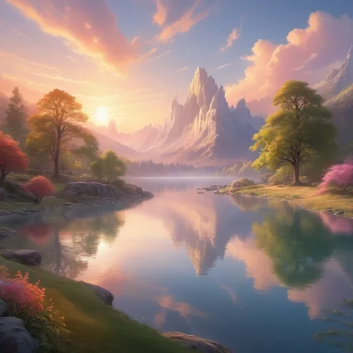 Prompt: (ethereal glow), luminous light radiating, soft illumination, vivid colors, warm ambient tones, magical atmosphere, serene background, enchanting landscapes, high detail, ultra-detailed, vibrant, dreamlike scenery, shimmering reflections, calming hues, captivating visual experience