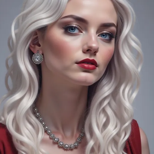 Prompt: a painting of a woman with long blonde hair wearing a red dress and a necklace with a diamond on it, Artgerm, figurative art, highly detailed digital painting, a photorealistic painting