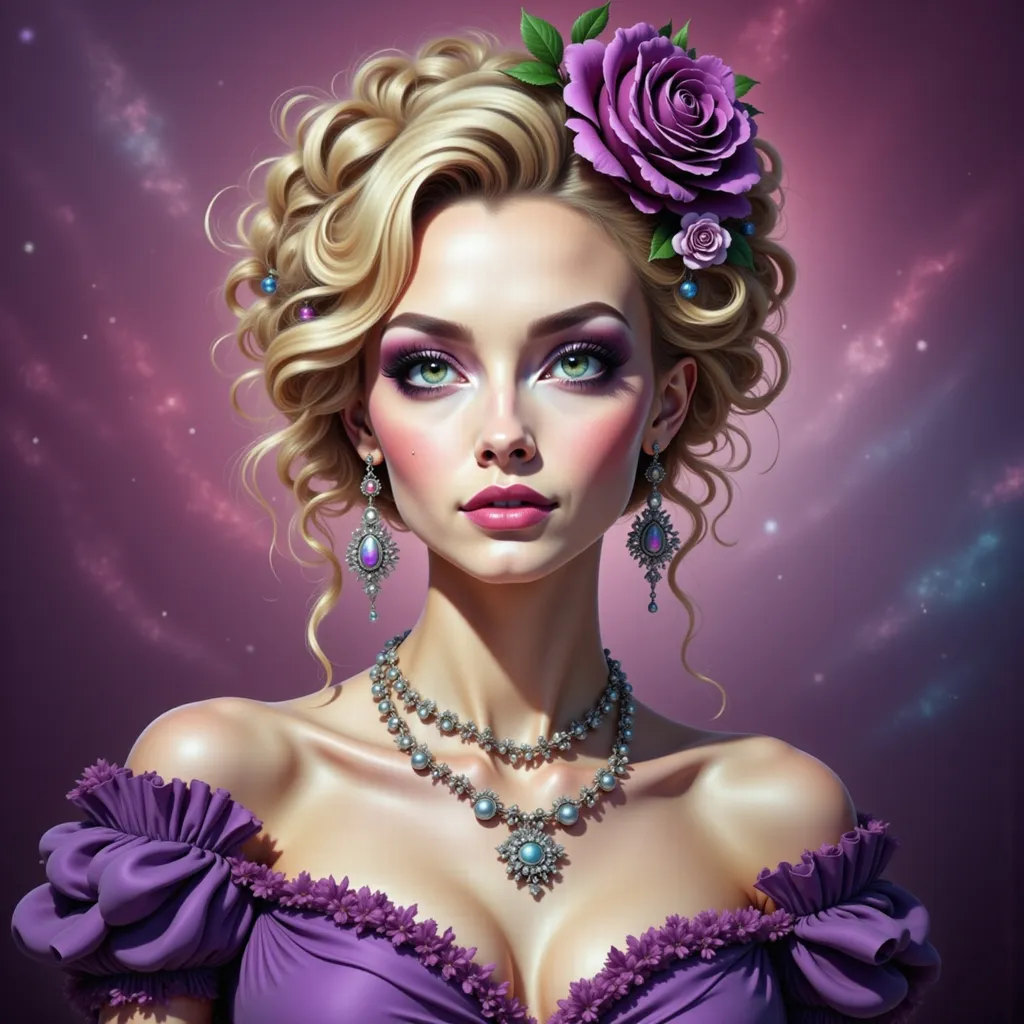 Prompt: a woman with a flower in her hair and a purple dress , with a purple rose in her hair, Edwin Georgi, figurative art, highly detailed digital painting, a photorealistic painting