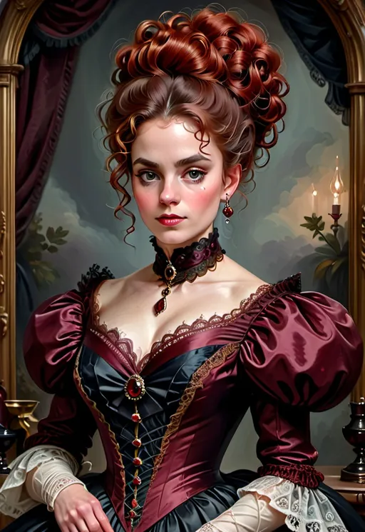 Prompt:  Powerful Victorian woman with voluminous wine-red curly updo, elegant Victorian attire, detailed lace, regal posture, intricate jewelry, luxurious fabric, intense gaze, oil painting, high quality, Victorian era, regal, detailed hair, elegant, luxurious, intense gaze, detailed lace, oil painting, atmospheric lighting