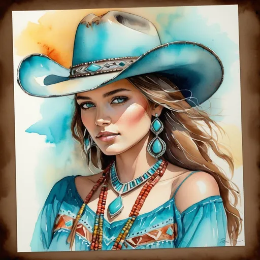 Prompt: <mymodel> Watercolor and pen sketch of a young woman in southwestern style, turquoise jewelry, cowboy hat, flowing attire, intricate details, vibrant colors, high quality, southwest art, watercolor, pen sketch, detailed jewelry, flowing attire, vibrant colors, beautiful woman, high quality imagery, professional, atmospheric lighting