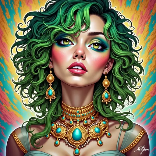 Prompt: a woman with green hair wearing a necklace and earrings with turquoise eyeshadow and gold jewelry set on her face, Artgerm, fantasy art, highly detailed digital painting, a photorealistic painting