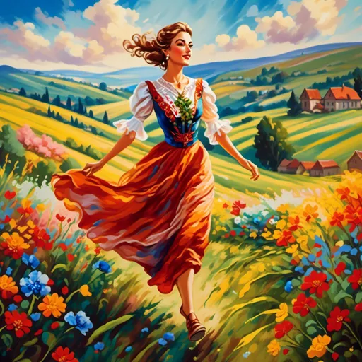 Prompt: <mymodel>Hungarian girl running in flowery fields, picturesque landscape with rolling hills, vibrant summer weather, high quality, oil painting, vibrant colors, warm sunlight, detailed floral patterns, traditional Hungarian attire, dynamic movement, natural beauty, professional artwork