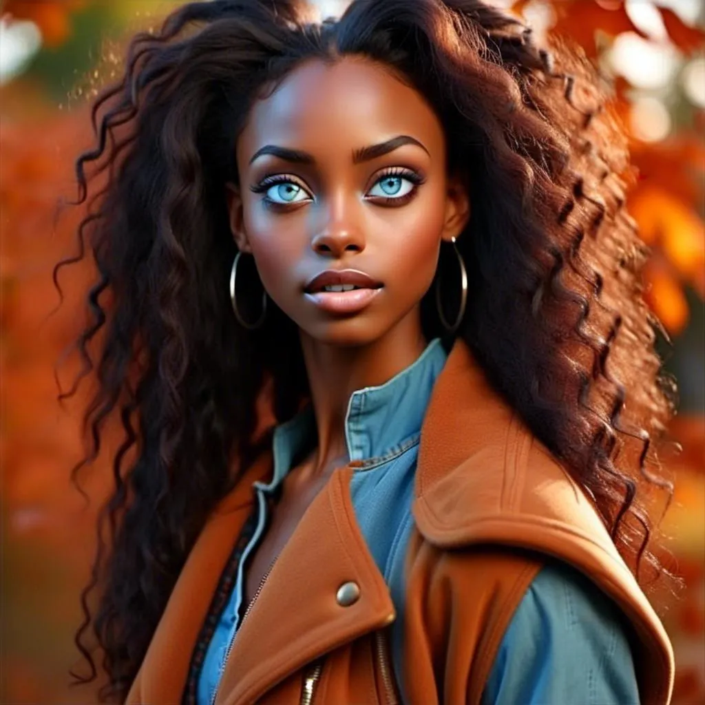 Prompt: <mymodel>Woman with dark skin, warm autumn colors, facial closeup