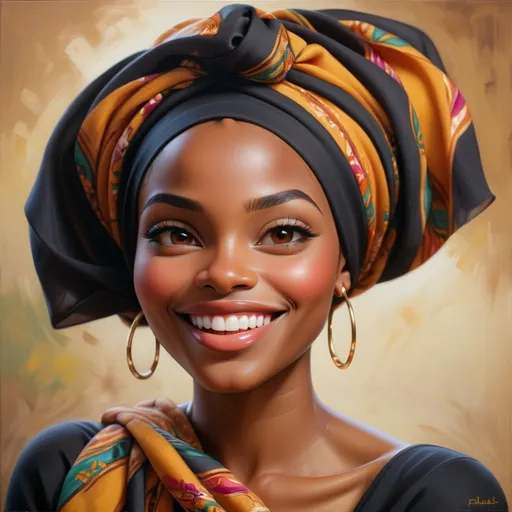 Prompt: Beautiful black woman portrait, realistic oil painting, radiant smile, striking eyes, elegant headscarf, vibrant and warm tones, soft and natural lighting, high quality, realistic, oil painting, detailed features, elegant, warm tones, soft lighting