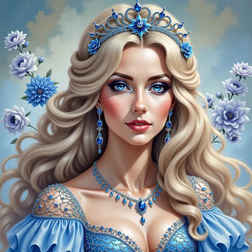 Prompt: a woman with a crown on her head and a necklace on her head, in a blue dress with flowers, Anne Stokes, fantasy art, highly detailed digital painting, a detailed painting