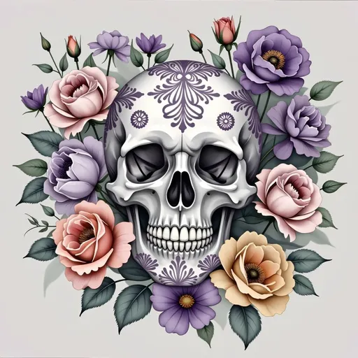 Prompt: This is a digital drawing featuring a detailed, realistic skull centered against a backdrop of vibrant, intricately illustrated flowers. The skull, positioned in the center, is adorned with delicate, symmetrical patterns in shades of purple and black, adding an ornate, almost decorative quality to its otherwise skeletal appearance. The skull's eye sockets, nasal cavity, and teeth are prominently detailed, with deep shadows giving it a three-dimensional effect. Surrounding the skull are various flowers, including large, fully bloomed roses in shades of pink and orange, and smaller, more delicate flowers in purple and white. The flowers are surrounded by green leaves, some of which are rendered in grayscale, creating a contrast with the colorful blooms. The background is a simple, light gray, ensuring that the skull and flowers are the focal points. The overall style of the drawing is a blend of realism and decorative art, with a focus on texture and detail. The flowers have a soft, almost painterly texture, while the skull has a more precise, detailed look. The composition is symmetrical, with the skull perfectly centered and the flowers arranged evenly around it.