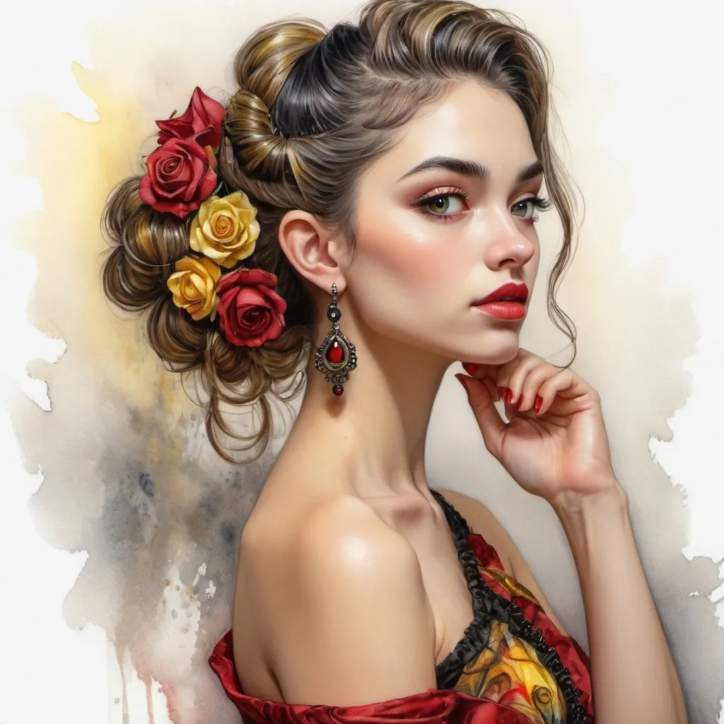 Prompt: <mymodel> beautiful woman, hair pinned up, yellow red black dress, earrings, Watercolor, trending on artstation, sharp focus, studio photo, intricate details, highly detailed, by  Josephine Wall and Jasmine Becket-Griffith