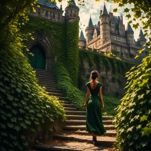 Prompt: <mymodel> a woman in a green dress is walking down a path with ivy growing on the walls behind her and a castle in the background, Charlie Bowater, fantasy art, epic fantasy character art, a detailed painting