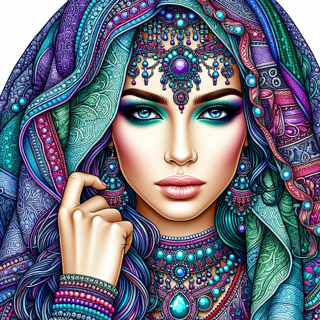 Prompt: illustration of a young woman, aqua and purple tones, elaborate jewelry, detailed makeup, colorful attire