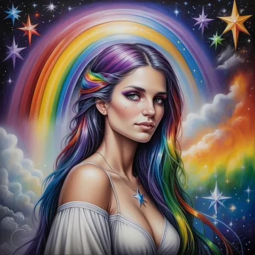 Prompt: <mymodel> a painting of a woman with a rainbow background with stars around her,, Anne Stokes, fantasy art, stars, a detailed painting