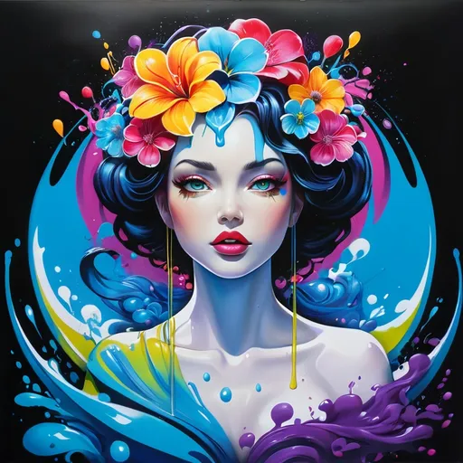 Prompt: Flower Siren graffiti art, splash art, street art, spray paint, oil gouache melting, acrylic, high contrast, colorful polychromatic, ultra detailed, ultra quality, CGSociety