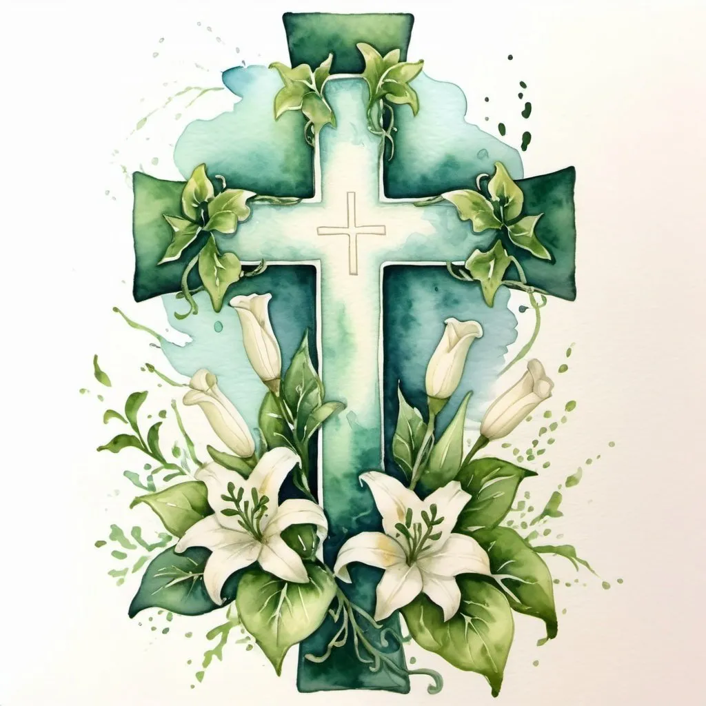 Prompt: water color  cross with green ivy and small white lilies 