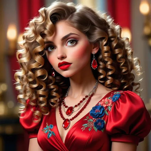Prompt: Curly  hair, red lips, ruby jewelry, woman in red dress, high quality, detailed, close-up portrait, vibrant colors