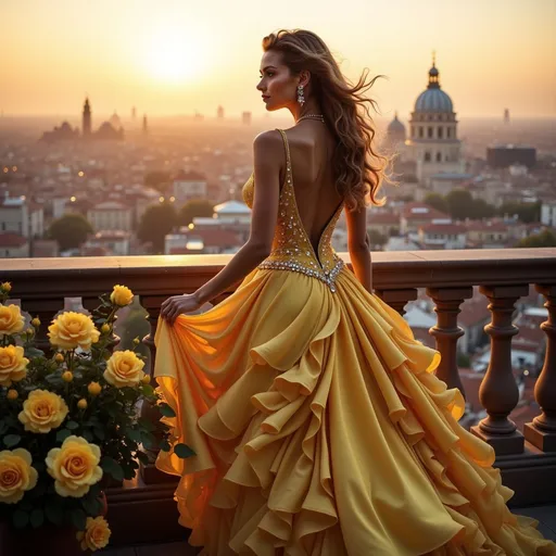 Prompt: Bathed in the warm, golden glow of a sunset, a woman stands gracefully at a balcony, her silhouette highlighted against a backdrop of a sprawling cityscape. Adorned in an exquisite yellow gown with ruffled layers that cascade around her, she embodies elegance and allure, with her long, flowing hair catching the gentle breeze. The soft light enhances her profile, emphasizing delicate features and sparkling earrings. Below her, a cluster of vibrant yellow roses adds a touch of romance and sophistication, framing the scene perfectly as the city lights begin to twinkle in the distance, creating a mood of serene contemplation and timeless beauty.