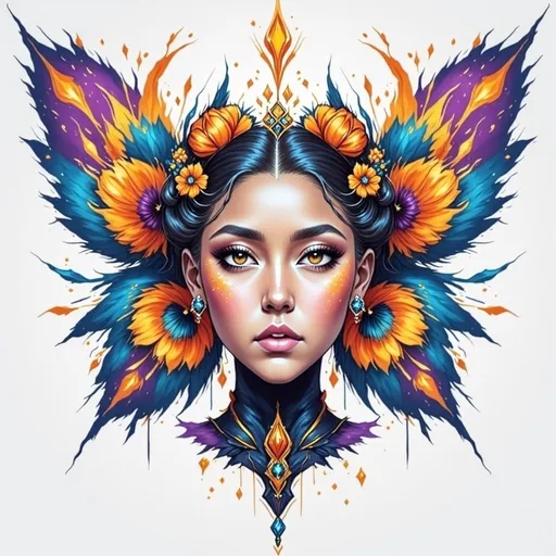 Prompt: Beautiful  hybrid woman with orange flowers sprouting from her, oil painting, detailed fiery eyes, ethereal glow, dark and mysterious, high quality, vibrant colors, surreal, haunting, intricate floral details, intense gaze, mystical atmosphere, oil painting, demon, hybrid, fiery eyes, ethereal, vibrant colors, surreal, haunting, floral details, intense gaze, mystical atmosphere