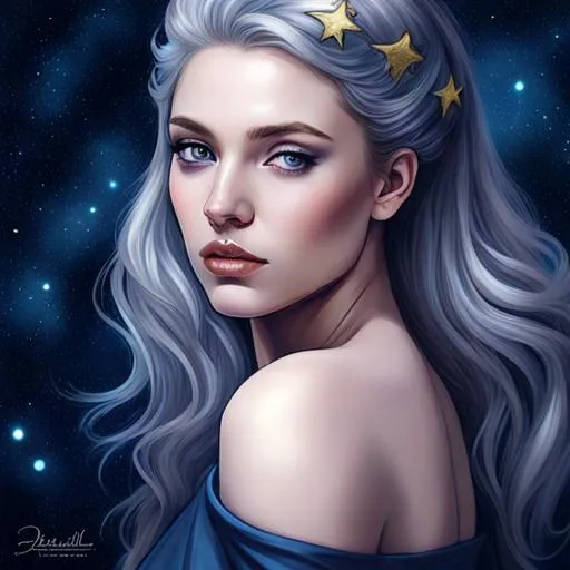 Prompt: <mymodel>a beautiful girl on a dark blue background with gold stars in her hair, shimmer, glow, stars, wavy hair, euphoria makeup, highly detailed girl by artgerm and Edouard Bisson, highly detailed oil painting, portrait of a beautiful person, art by Stanley Artgerm, Charlie Bowater, Atey Ghailan and Mike Mignola,