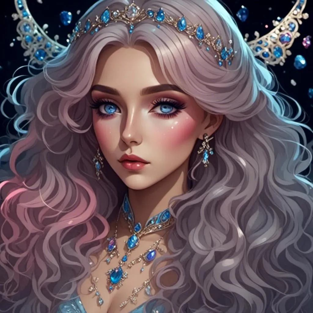 Prompt: <mymodel>A beautiful woman, snow white hair with pastel highlights, frosty blue eyes, blue eyeshadow, blue jewels on forehead