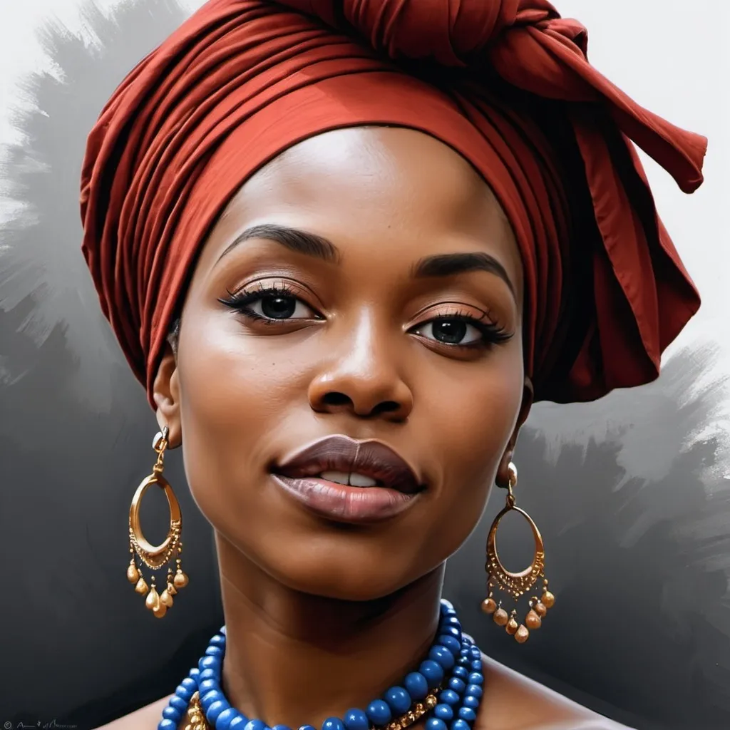 Prompt: <mymodel> a woman with a blue turban and a necklace on her neck and a necklace on her neck, Chinwe Chukwuogo-Roy, black arts movement, highly detailed digital painting, a digital painting