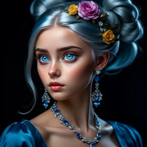 Prompt: <mymodel>Glamorously dressed lady of rhe 1930's wearing sapphire jewelry,blue eyes