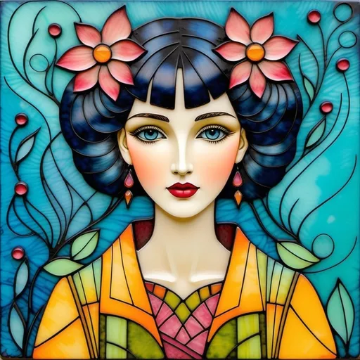 Prompt: Abstract encaustic texture, gradient inking colors, Jessica Galbreth, Irmgard Schoendorf Welch, Javier Mariscal, Charles Rennie Mackintosh, Lee Mullican style, a beautiful whimsical young woman, wonderland, decoupage.