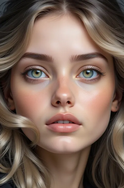 Prompt: Bright green eyes draw immediate attention to the captivating face framed by soft, wavy blonde hair, cascading gracefully over her shoulders. Freckles adorn her cheeks and nose, complementing her flawless complexion, while her full lips maintain a natural, soft pink hue that enhances her youthful appearance. The image exudes a subtle warmth, with soft natural lighting accentuating her features and creating a gentle, inviting atmosphere. The close-up perspective captures not just her beauty but also a sense of intimacy, evoking feelings of admiration and a connection to her serene, confident expression. Overall, the composition radiates elegance while highlighting the model's striking features and natural charm.