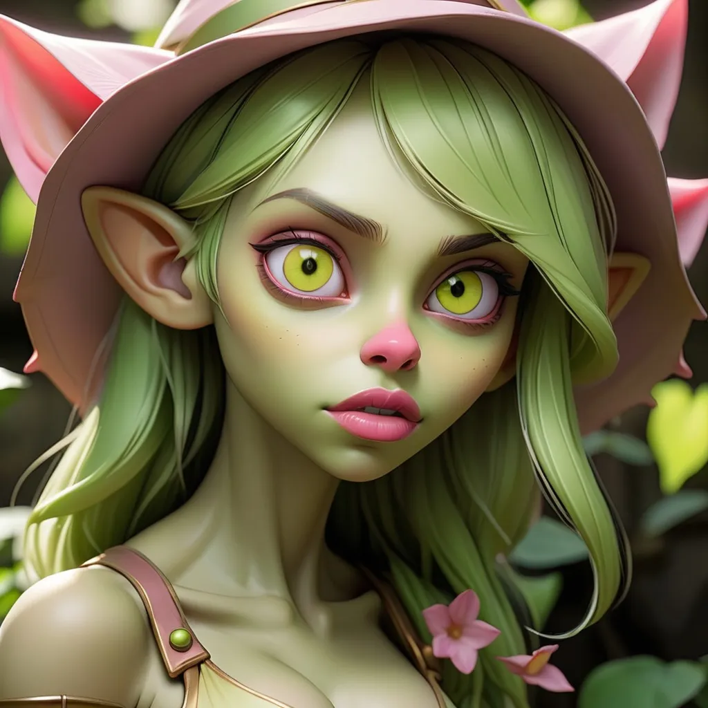 Prompt: beautiful goblin girl, showing clevage, pink Areolae, light pink nose, yellow eyes, green skin, smooth skin, supple lips, soft skin, very young