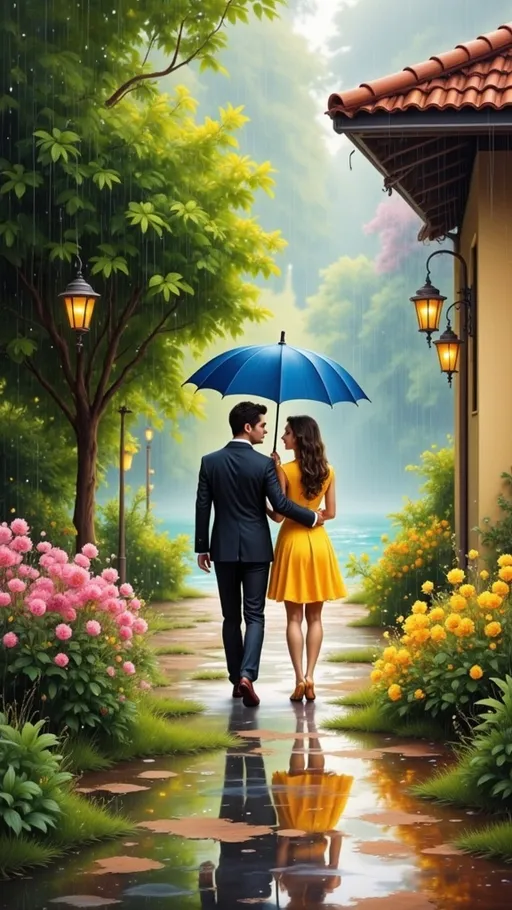 Prompt: Under a gentle rain, a couple stands close together, sharing a blue umbrella as they stroll along a glistening path. The man, dressed in a formal black suit, and the woman, in a bright yellow dress, seem enchanted by each other's presence, their hands intertwined. Surrounding them, vibrant flowers in hues of pink and yellow flourish, contrasting beautifully with the green foliage in the soft, blurred background that hints at a lush garden. The overall warm, inviting atmosphere is accentuated by the sunlight filtering through the rain, creating a romantic and serene scene that captures the joyful essence of love in nature's embrace.