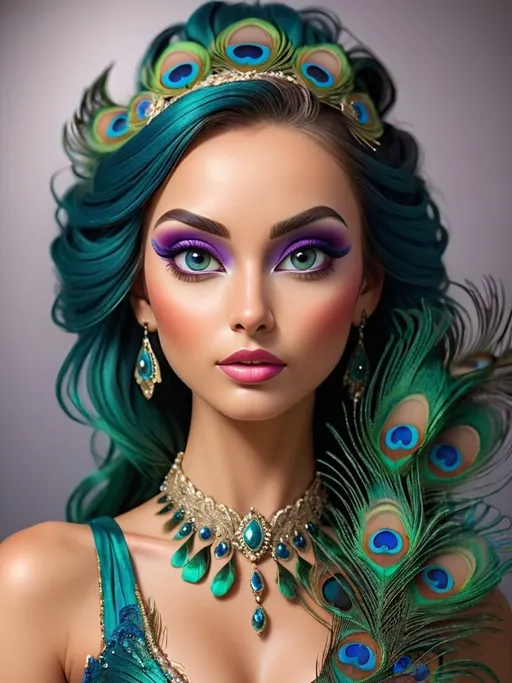 Prompt: Gorgeous woman with beautiful makeup and hair, peacock feathers, high-quality, detailed, realistic, elegant, vibrant colors, professional makeup, glamorous lighting, 4k resolution, portrait, detailed facial features, luxurious, exotic, peacock feathers, elegant hairstyle, stunning makeup, beauty shot