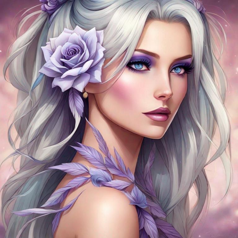 Prompt: A beautiful woman, white hair with pastel purple highlights, violet eyes, blue eyeshadow, pastel blue roses in her hair, blue jewels on forehead, cartoon style