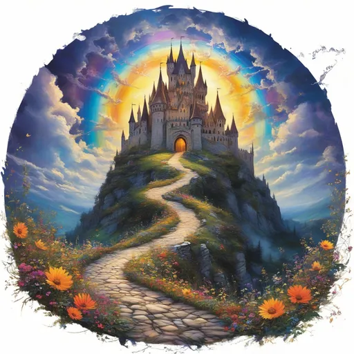 Prompt: a painting of a castle with a rainbow in the background and flowers in the foreground and a path leading to it, Anne Stokes, fantasy art, kinkade, a detailed matte painting