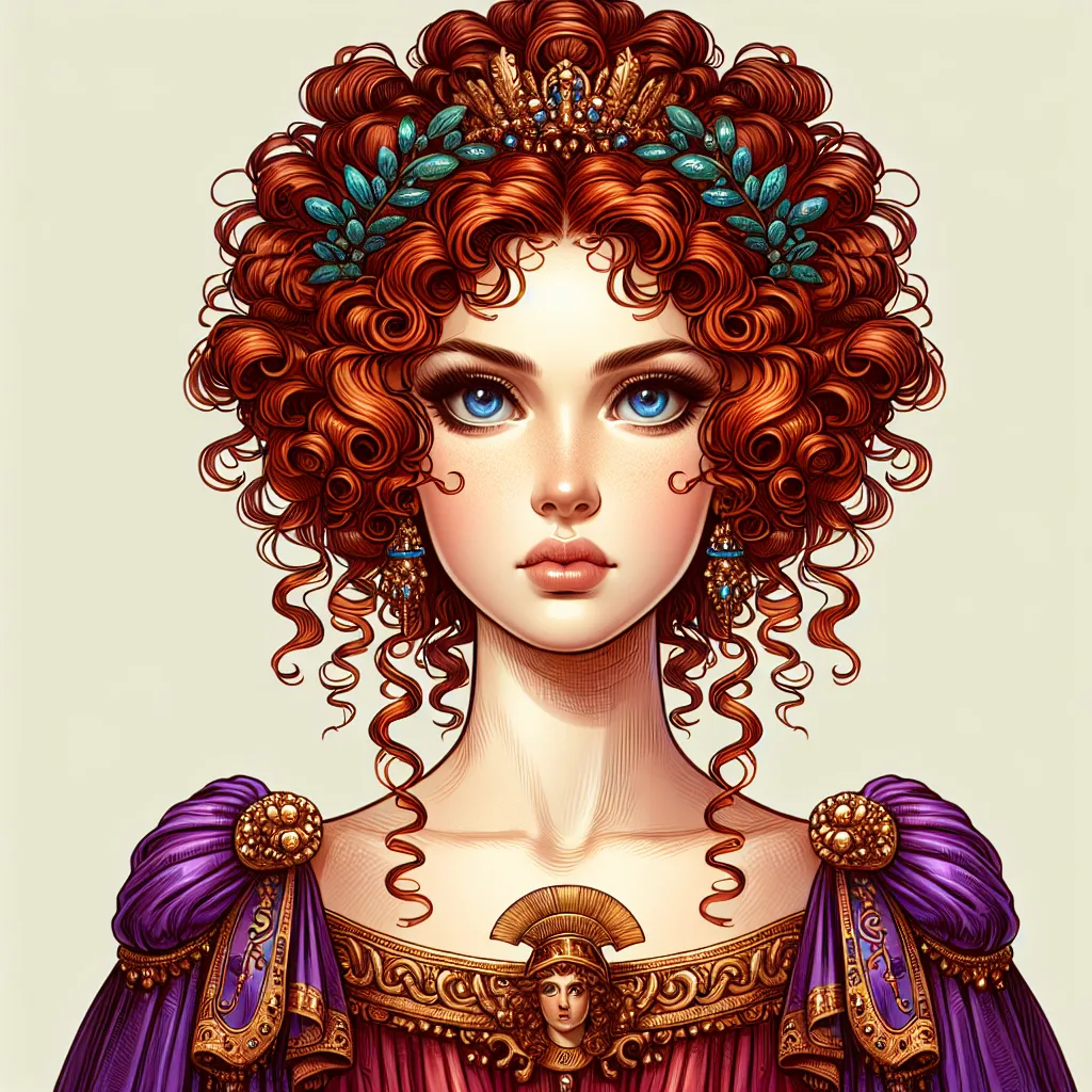 Prompt: A roman princess with blue eyes and curly red hair wearing a purple gown