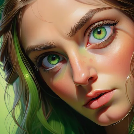 Prompt: Close-up, realistic painting of mesmerizing green eyes, lifelike details, vibrant shades of green, subtle reflections, high resolution, realistic painting, detailed facial features, intense gaze, professional, lifelike, vibrant green, high quality, realistic, detailed, atmospheric lighting