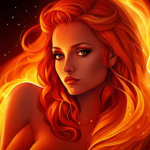 Prompt: fairy goddess, warm colors, fiery background, closeup