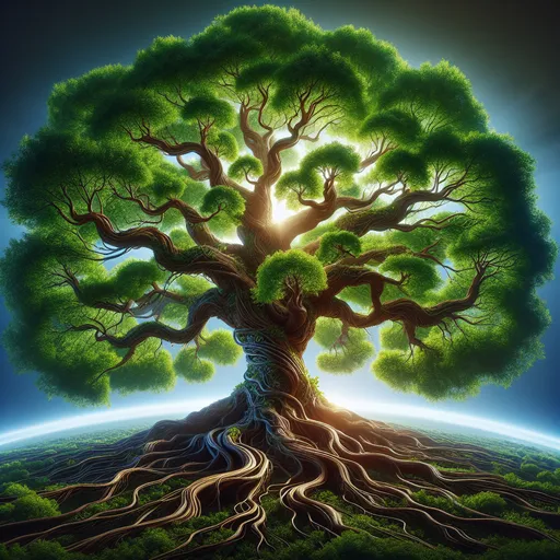 Prompt: (The tree of life), intricate branches sprawling, rich and complex foliage, vibrant green leaves glowing in sunlight, deep roots entwined, symbolizing growth and connection, ethereal blue sky, serene ambiance, life and vitality, ultra-detailed, inspiring tranquility, high-quality 4K.