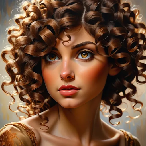 Prompt: Long curly hair, realistic oil painting, detailed strands, high definition, portrait, classic style, warm tones, natural lighting, intricate curls, flowing locks, ultra-detailed, professional, realistic, classic art, detailed texture, professional lighting