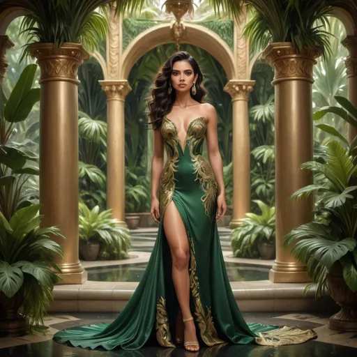 Prompt: Elegantly poised in a lush green gown adorned with intricate gold detailing, a striking woman stands amidst a tropical paradise, exuding confidence and allure. Her long, dark hair cascades in soft waves, framing her alluring features, while statement earrings catch the light and add a touch of glamour. The scene is set in an opulent indoor space, characterized by grand columns and vibrant greenery, creating a harmonious blend of elegance and nature. Soft, diffused lighting enhances the luxurious atmosphere, highlighting the exquisite fabric of her dress and casting gentle shadows that emphasize the gown’s dramatic thigh-high slit. This captivating tableau radiates sophistication and a sense of timeless beauty, inviting viewers into a world where fashion and nature intertwine.