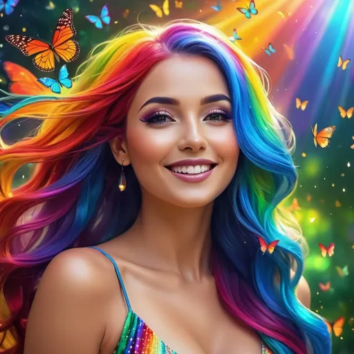 Prompt: (rainbow lady), vibrant colors, flowing multicolored hair, whimsical attire accentuated with geometric patterns, ethereal background with swirling hues, uplifting atmosphere, enchanting smile, surrounded by luminous butterflies, sparkling light effusions, magical feel, (4K), ultra-detailed, captivating composition, cheerful mood, reminiscent of a fairytale.