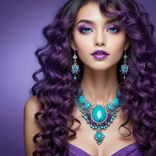 Prompt: <mymodel>An extremely gorgeous woman,  with turquoise jewels, in color scheme of purple, long curly hair