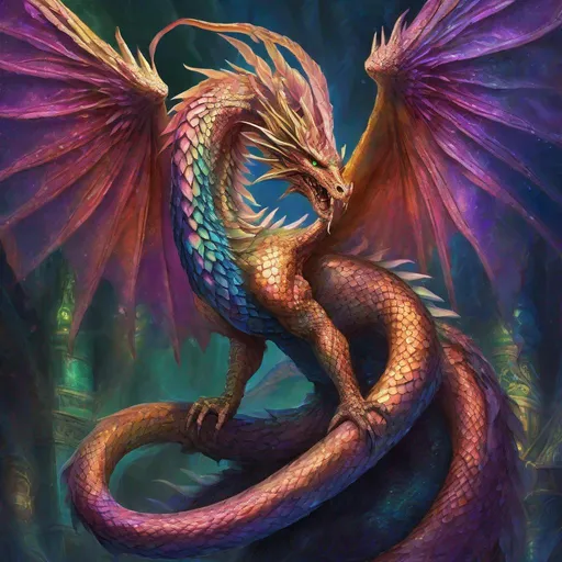 Prompt: Fantasy illustration of a winged serpent creature, mythical creature, dragon-like, vibrant and magical, detailed scales with iridescent shimmer, majestic and powerful, fantasy art, high fantasy, mythical, vibrant colors, detailed wings, serpent design, enchanting, ethereal lighting